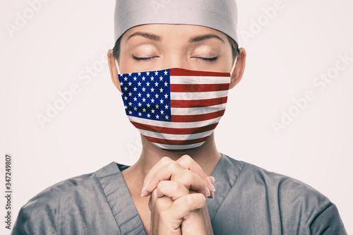 Coronavirus pandemic in the United States of America. USA american flag print on doctor's mask prayi
