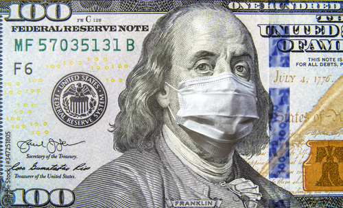Covid-19 Coronavirus In Usa, 100 Dollar Money Bill With Face Mask. Coronavirus Affects Global Stock
