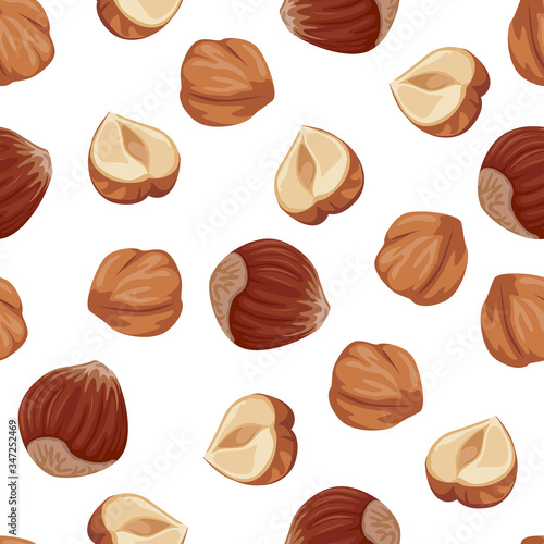 Hazelnuts seamless pattern. Nuts on a white background. Vector illustration of organic food in cartoon flat style.