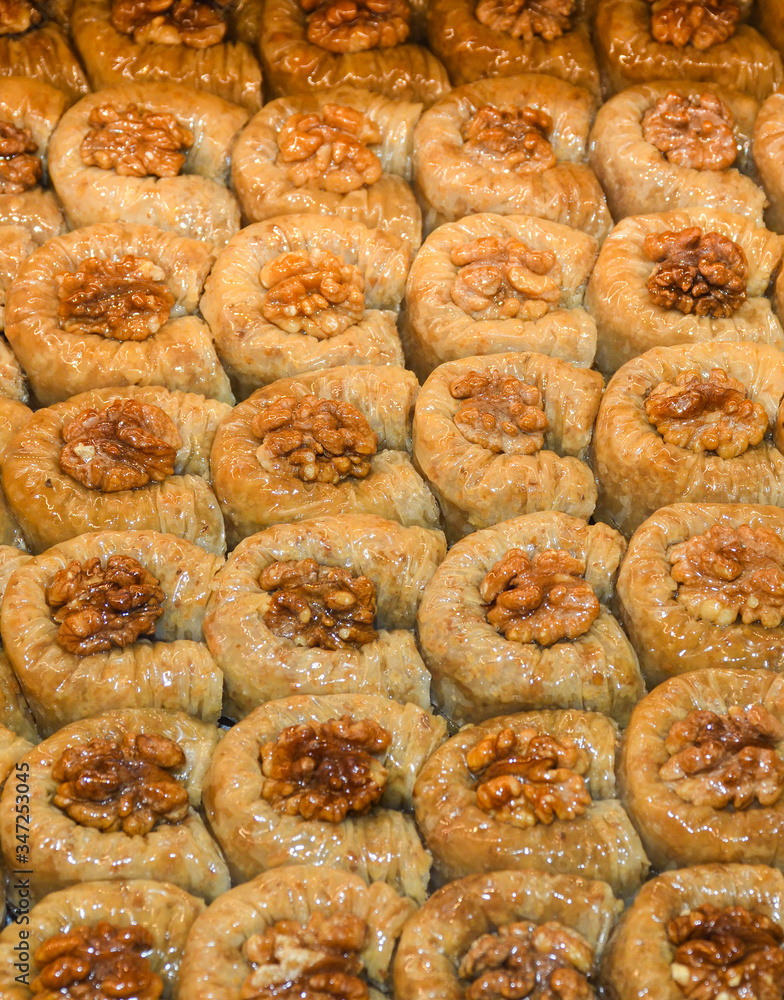 Traditional baklava sweet dessert delights, cataif pastry. Fresh Food Buffet Brunch