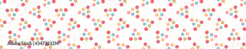 Happy smile confetti dotty border texture seamless background. Tiny colored flecked sprinkles ribbon trim banner . Modern cute falling speckle edge pattern. Japanese scandi minimal party washi tape.