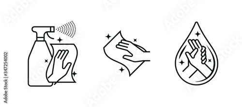 Hand Wash Sanitizer, Antibacterial Wipes And Disinfection Spray Vector Icons. Coronavirus Antiseptic