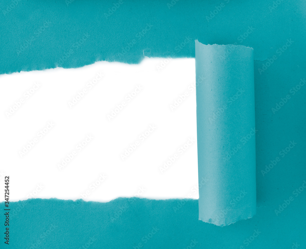 Obraz premium Ripped blue cardboard with space for text. Torn paper roll with opening showing white background