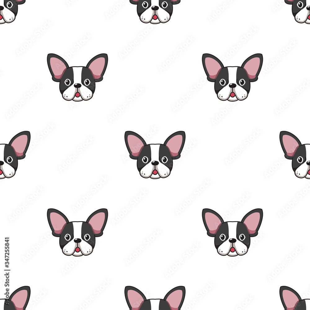 Fototapeta premium Vector cartoon character french bulldog dog seamless pattern background for design.