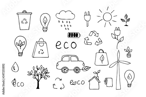 Hand drawn ecology icons set. Doodle eco icons collection. Doodle ecology icon set