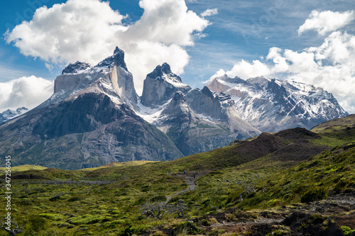 The iconic Paine Horns Massif (Spanish: Cuernos del Paine)  in Torres del Paine National Park, Patagonia, Chile. photo