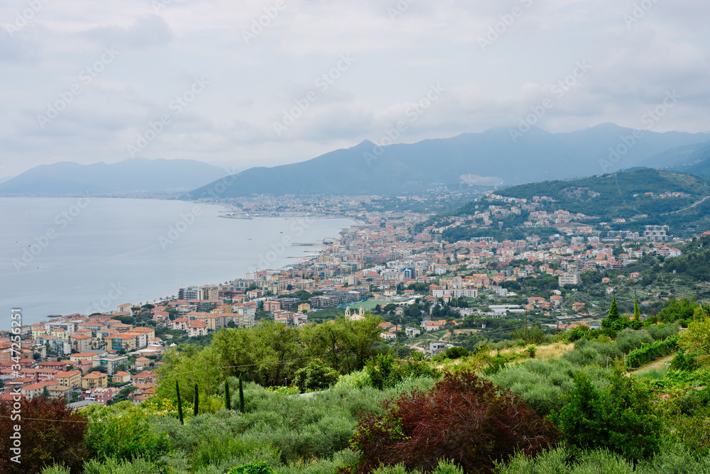 Panoramic view of a Mediterranean bay from Borgio Verezzi, Liguria, Italy