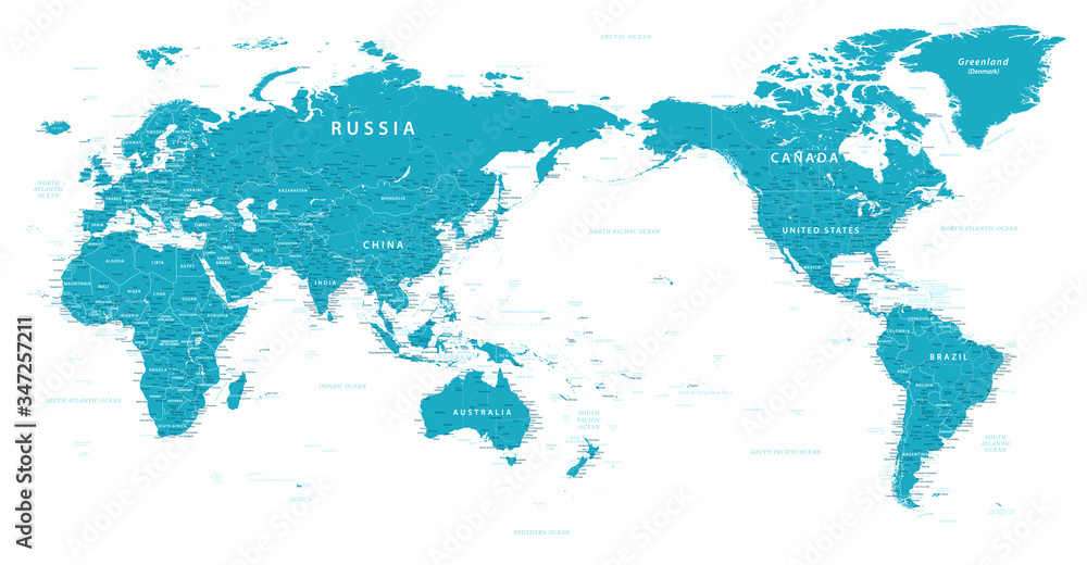 Obraz World Map - Pacific China Asia Centered View - Blue Green Color Political - Vector Layered Detailed Illustration