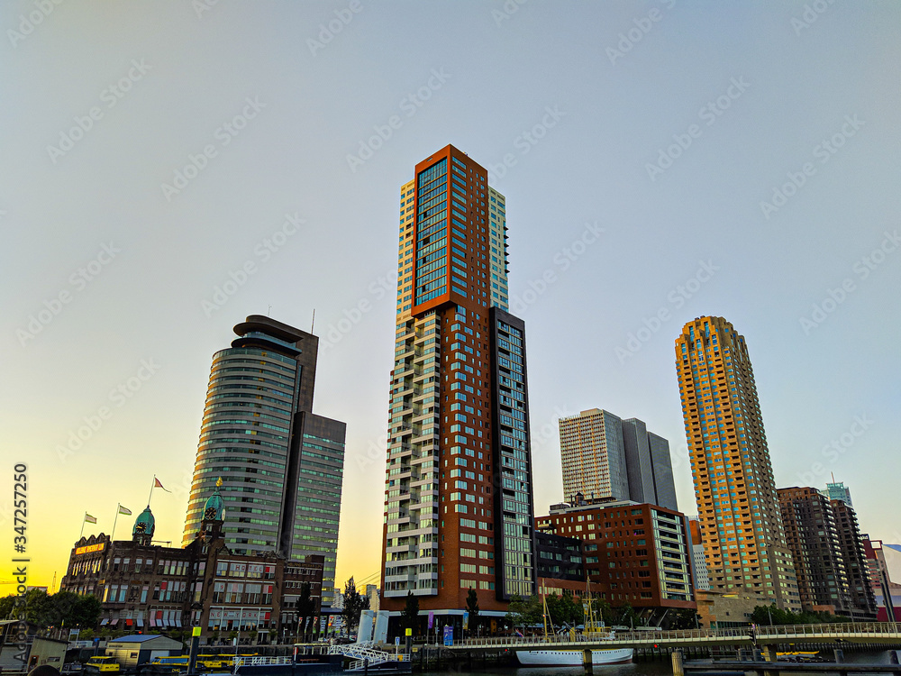 Fototapeta premium Rotterdam city skyline at the sunset