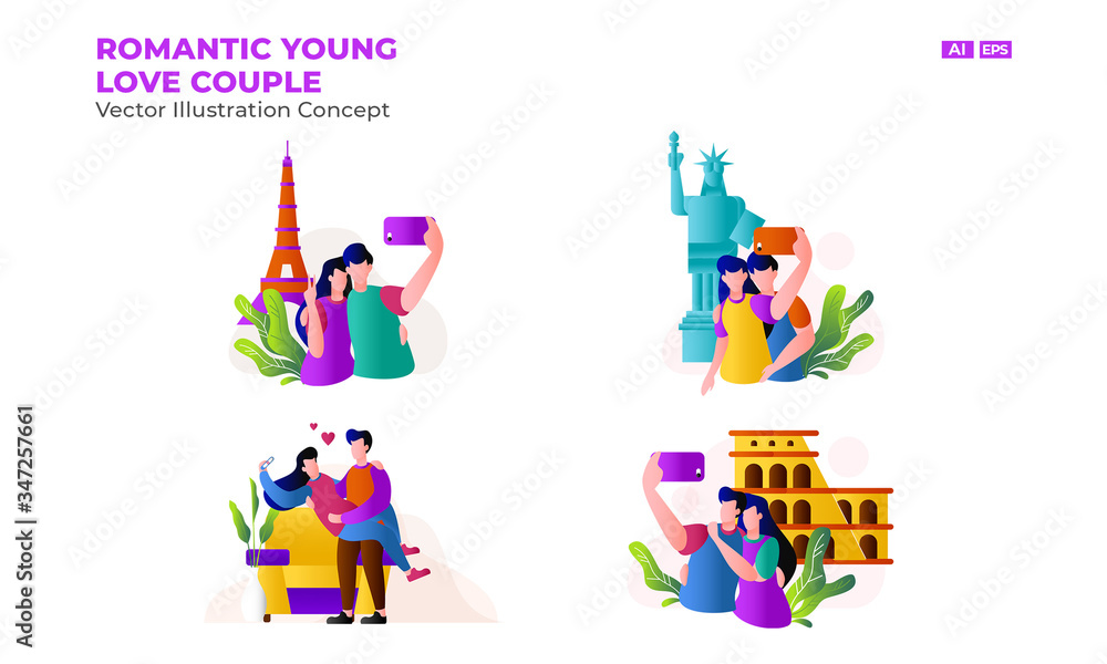 Romantic Young Love Couple. vector characters. the couple took a selfie to the eiffel tower, liberty, coliseum