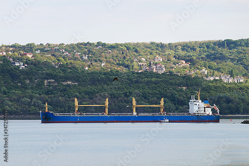 sea ​​cargo ship sailing along the shore 