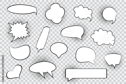 Set of blank comic speech bubbles with halftone