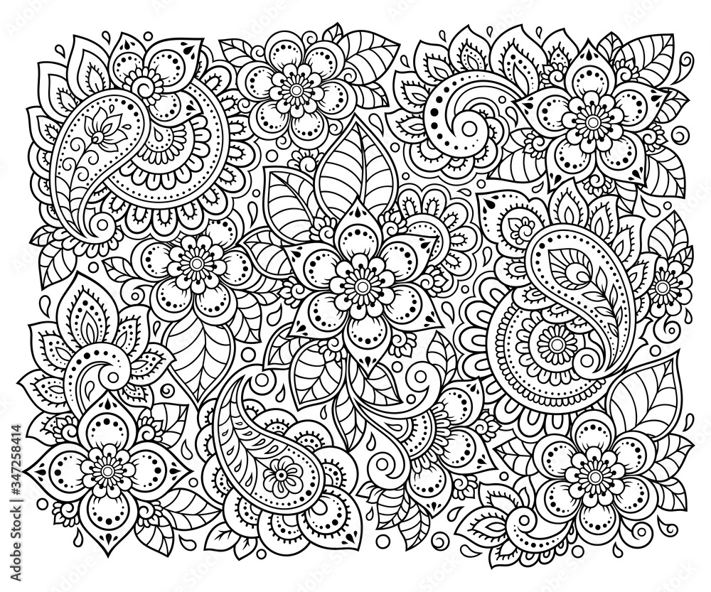 Outline Floral Pattern Coloring Book Page Antistress Coloring