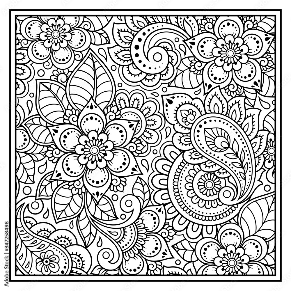 Plakat Outline square flower pattern in mehndi style for coloring book page. Antistress for adults and children. Doodle ornament in black and white. Hand draw vector illustration.