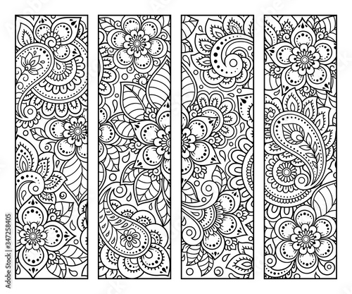Bookmark for book - coloring. Set of black and white labels with floral doodle patterns, hand draw in mehndi style. Sketch of ornaments for creativity of children and adults with colored pencils.