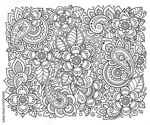 Outline square floral pattern in mehndi style for coloring book page. Antistress for adults and children. Doodle ornament in black and white. Hand draw vector illustration.