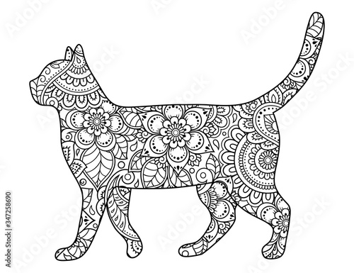 Cat made a floral pattern with Oriental ornaments. Hand drawn decorative animal in Doodle style. Stylized decoration of mehndi for tattoos  stamps  covers  books and coloring.