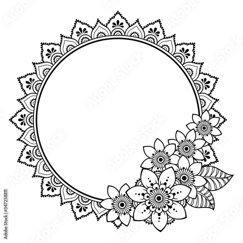 Frame in eastern tradition. Stylized with henna tattoos decorative pattern for decorating covers for book, notebook, casket, magazine, postcard and folder. Flower mandala in mehndi style.