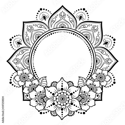 Frame in eastern tradition. Stylized with henna tattoos decorative pattern for decorating covers for book, notebook, casket, magazine, postcard and folder. Flower mandala in mehndi style.
