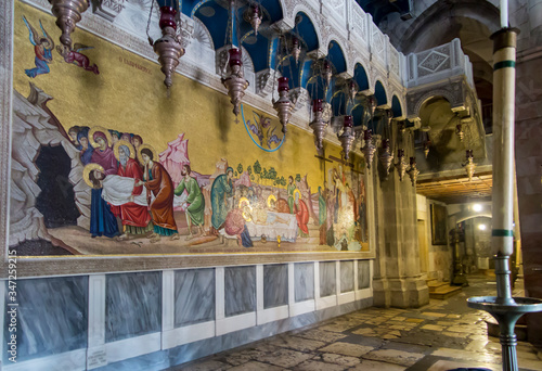 Jerusalem, Israel, January 29, 2020: Fragment of the interior of the Basilica of the Holy Sepulcher in Jerusalem,