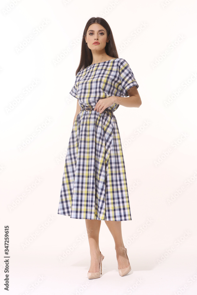 Indian brunette business woman executive posing in checkered short sleeve dress full body length isolated on white Indian brunette business woman executive posing in checkered short sleeve dress full body length isolated on white