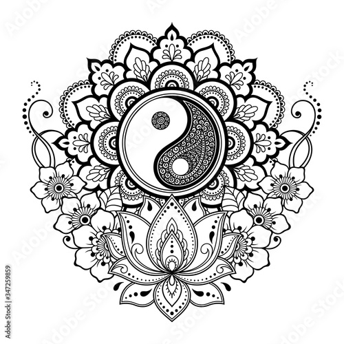 Circular mandala pattern for henna, mehndi, tattoo, decoration. Decorative ornament in Oriental style with Yin-Yang hand drawn symbol, flowers and ethnic floral ornaments. Coloring book page.