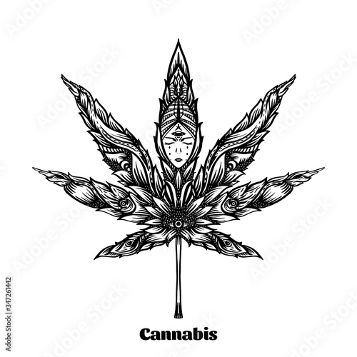 Cannabis leaf decorated with original modern pattern. Element for design. Vector illustration In decorative style. Ethnic patterned ornate hand drawn..