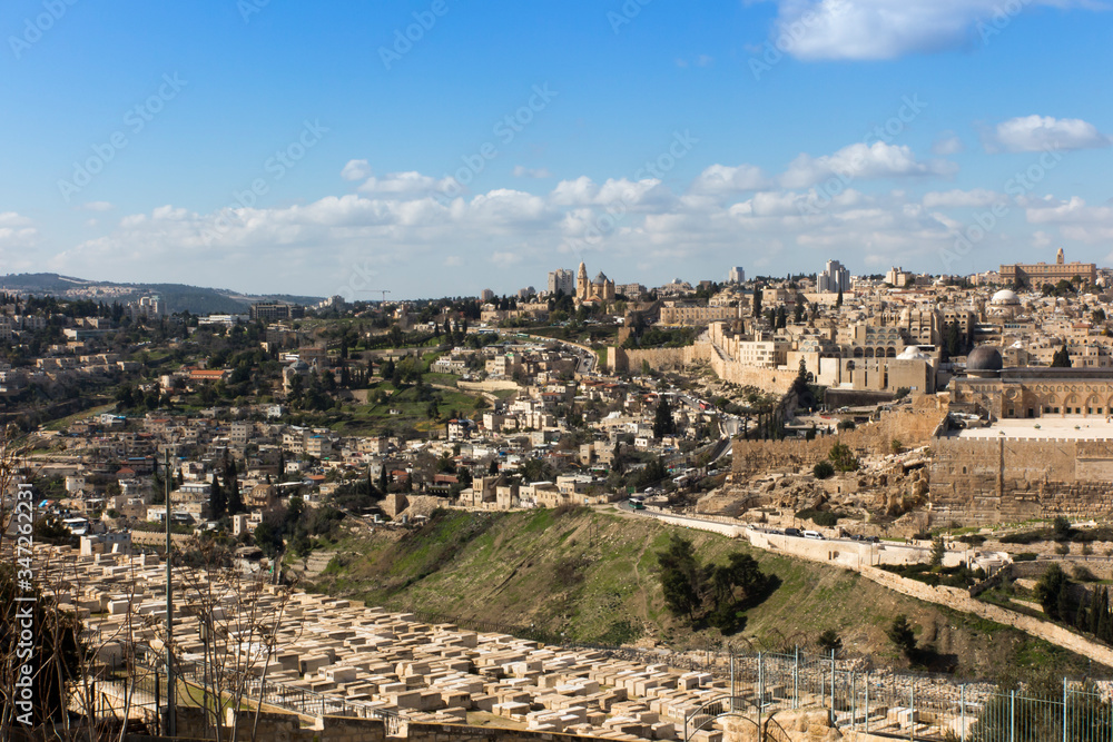 Panorama overlooking the Old City of Jerusalem, including the Dome of the Rock and the Western Wall. Taken from the Mount of Olives.