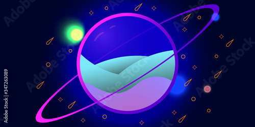 2d illustration. Cartoon space background picture. Deep interstellar space. Stars, planets and moons. Various science fiction creative backdrops. Space art illustration for kids.Planets and Moons.