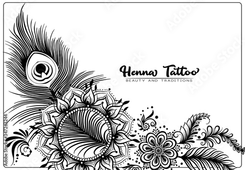 Template design with traditional indian henna tattoo with peacock feather. Template for wedding invitation, greeting card, banner, gift voucher, label. Outline vector illustration..