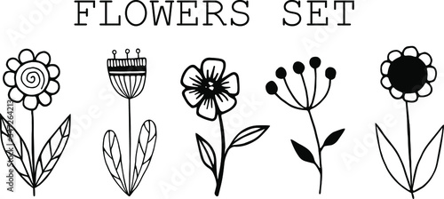 Scandinavian doodle flowers set. Cute hand drawn hygge flowers set. Nordic flowers in ink, doodle style for wedding decoration and arrangements.