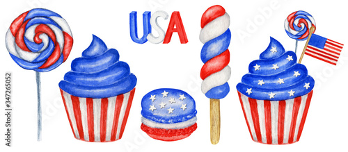 4th of july Watercolor patriotic cupcake macaron in colors of the USA flag. For sweet cake american design compositions  Independence Day of America  Flag  Memorial Day party celebration decor concept