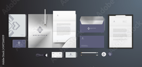 Corporate branding and firm identity for architect company. Stationery vector template on black background.