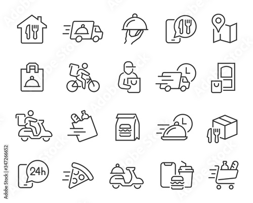 Food Delivery icons set. Collection of linear simple web icons such as fast delivery, courier, home delivery, courier on a scooter and bicycle, box and bag of food, and more. Editable vector move.