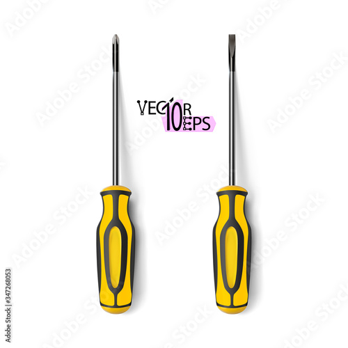 Set from professional realistic screwdrivers with a plastic yellow handle. Hand metal tools isolated on white background. Vector illustration. Cruciform, slotted for repair and construction.