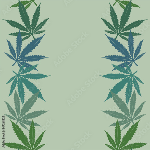 vertical seamless pattern consisting of hemp leaves of different shades of green on a netlo green background