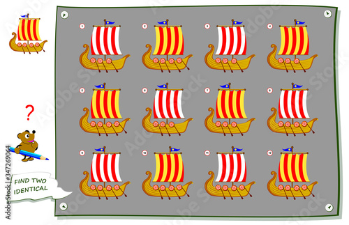 Logic puzzle game for children and adults. Find two identical Viking ships. Printable page for kids brain teaser book. Developing counting skills. Flat vector illustration. Online education. IQ test.