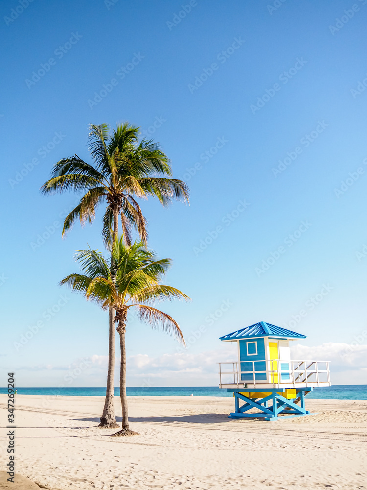 Obraz premium Colorful blue and yellow lifeguard station on beach with palm trees and blue sky copy space.