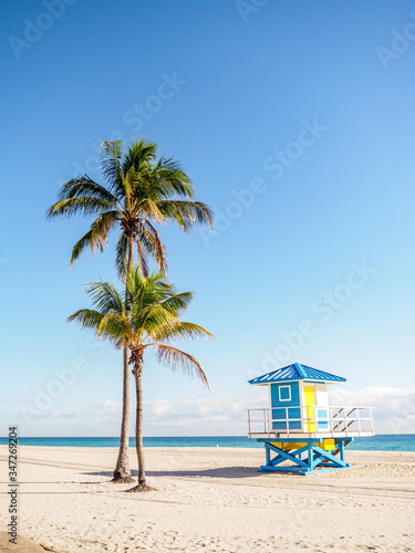 Colorful blue and yellow lifeguard station on beach with palm trees and blue sky copy space.