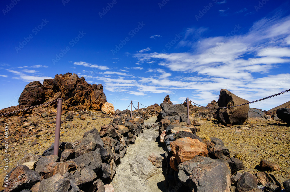 Obraz premium hiking trail to the top of Teide Tenerife volcano, Canary Islands, Spain