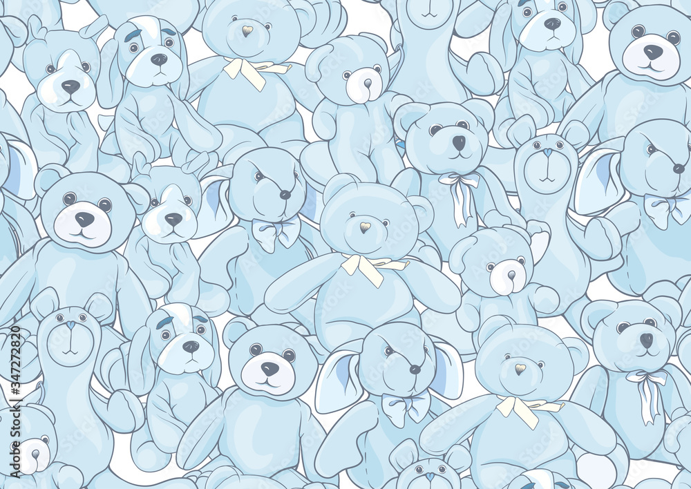 Teddy bears, hare and dogs stuffed hand maade toys. Seamless pattern. Colored vector illustration. Isolated on white background.