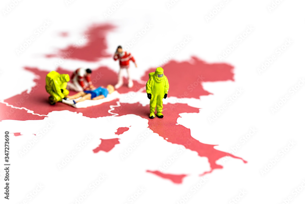 Map of Covid-19 most infected countries and group of scientist in Protective suites and medics