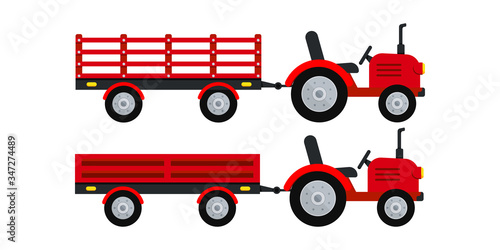Farmer tractor with trailer icon set isolated on white background.