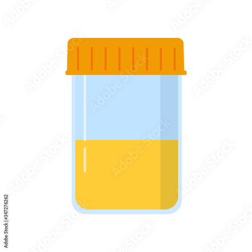 Urinalysis in a plastic jar. Vector illustration isolated on a white background. Flat drawing style.