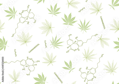 Cannabis leaves and cbd  cannabidiol formula seamless pattern  background. Vector illustration in green colors. Isolated on white background.