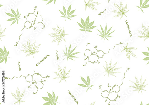 Cannabis leaves and cbd, cannabidiol formula seamless pattern, background. Vector illustration in green colors. Isolated on white background.