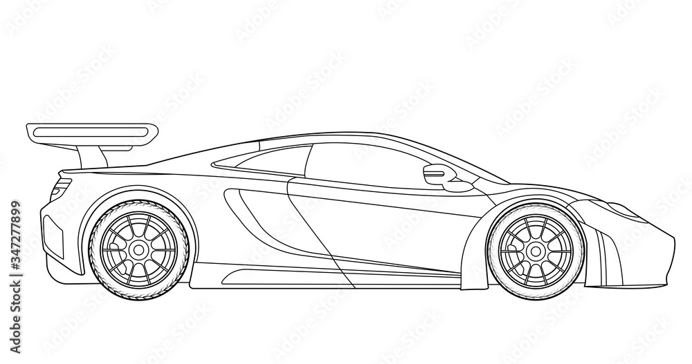 Vector line art car, concept design. Vehicle black contour outline sketch illustration isolated on white background. Stroke without fill. Cower drawing. Black-white icon.