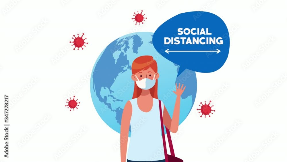 social distancing campaign with woman using face mask and earth planet social distancing campaign with woman using face mask and earth planet