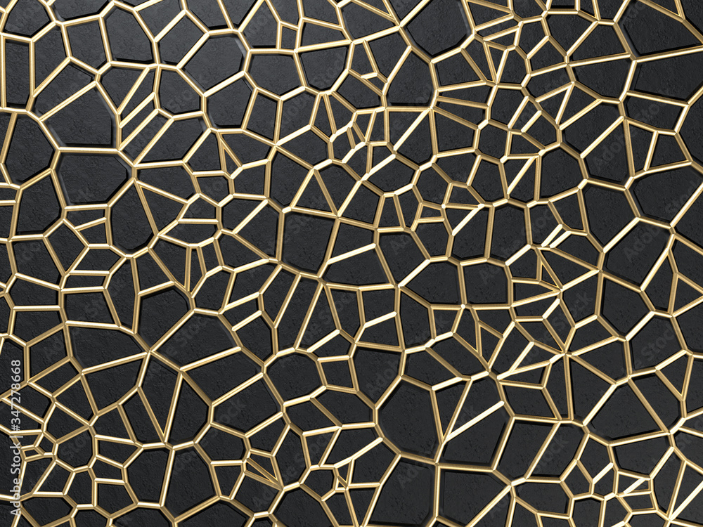 3d render of golden cracks on black background. Golden metal mesh or grid on black backdround 3d render of golden cracks on black background. Golden metal mesh or grid on black backdround