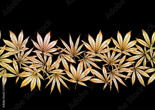 Cannabis leaves seamless pattern, background. Vector illustration in gold colors Isolated on black background.